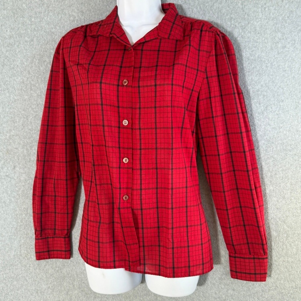 Miss Fashionality Vintage Red Black Grid Button Up Blouse Puffed Shoulder 11-12